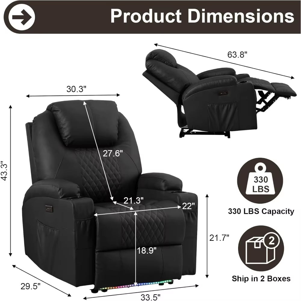 Power Recliner Chair, Home Theater Seating with LED Ambient Lighting, PU Leather Lazy Sofa Heat Massage Chair with ,Customized