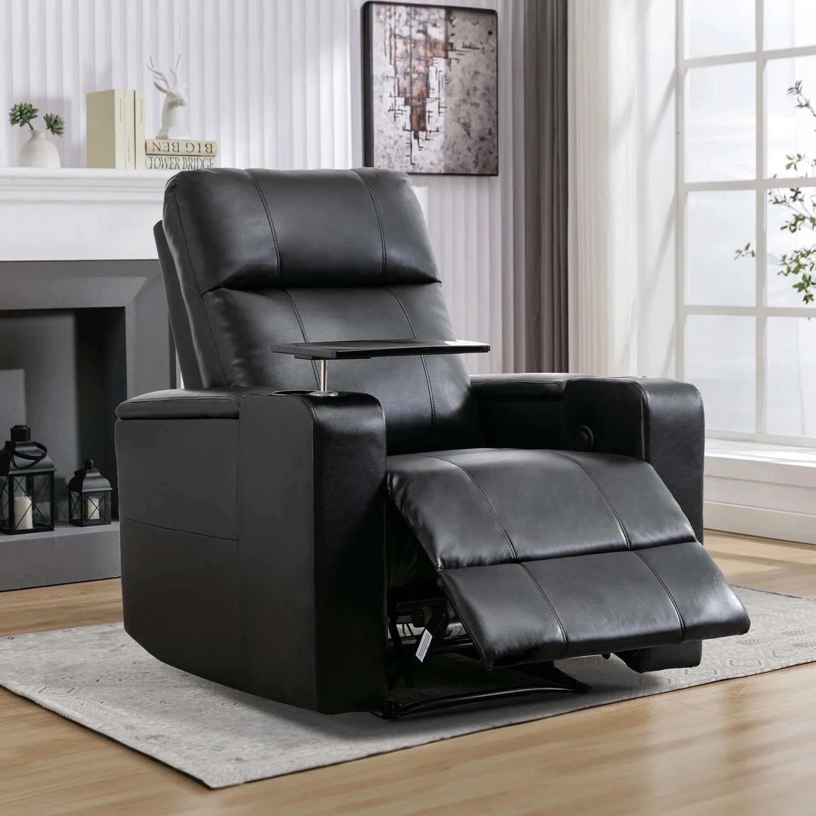 Electric Recliner for Living Room Home Theater Seating Leather Reclining Chair Sofa Furniture with Cup Holders USB Ports and Hidden Storage, Black