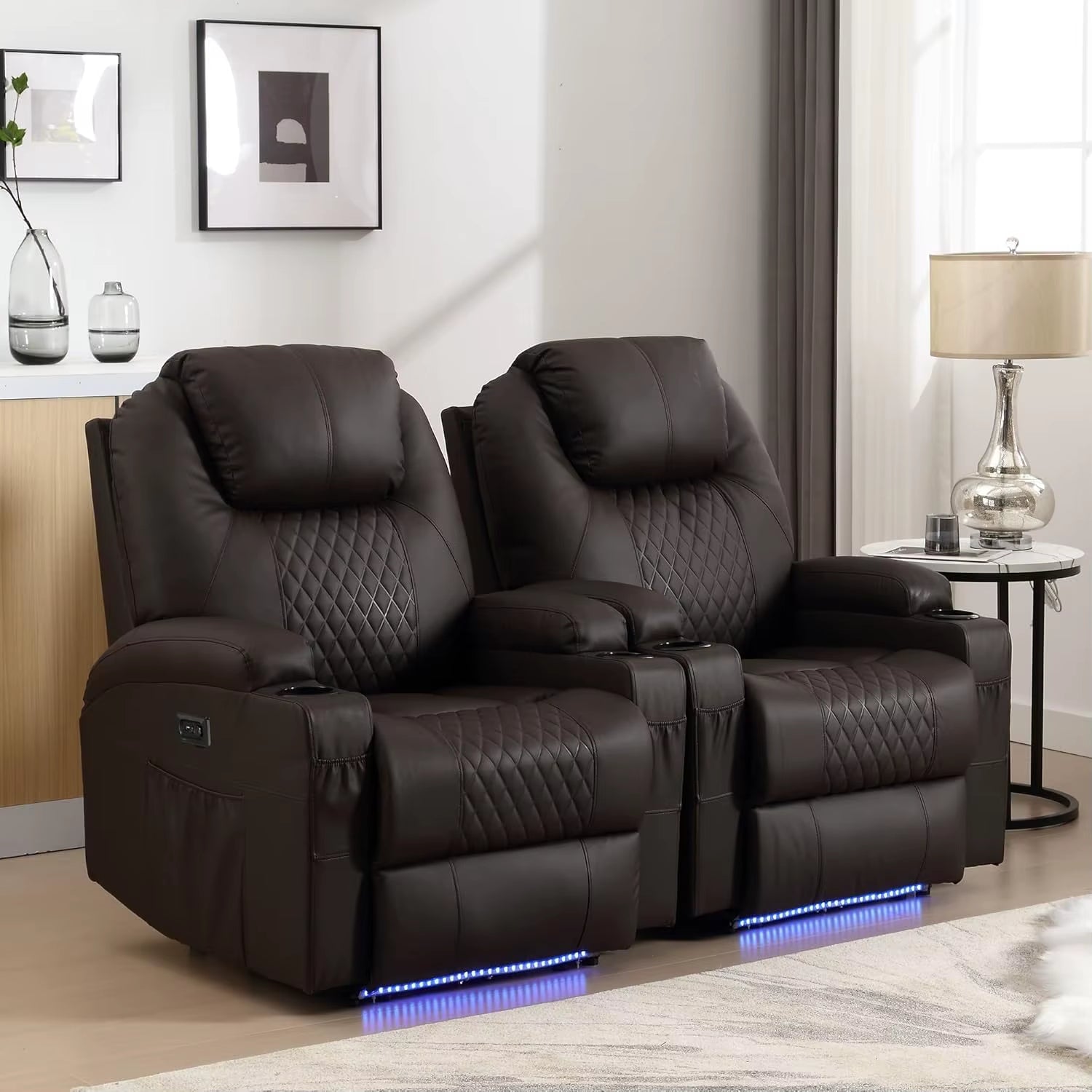 Power Recliner Chair, Home Theater Seating with LED Ambient Lighting, PU Leather Lazy Sofa Heat Massage Chair with ,Customized