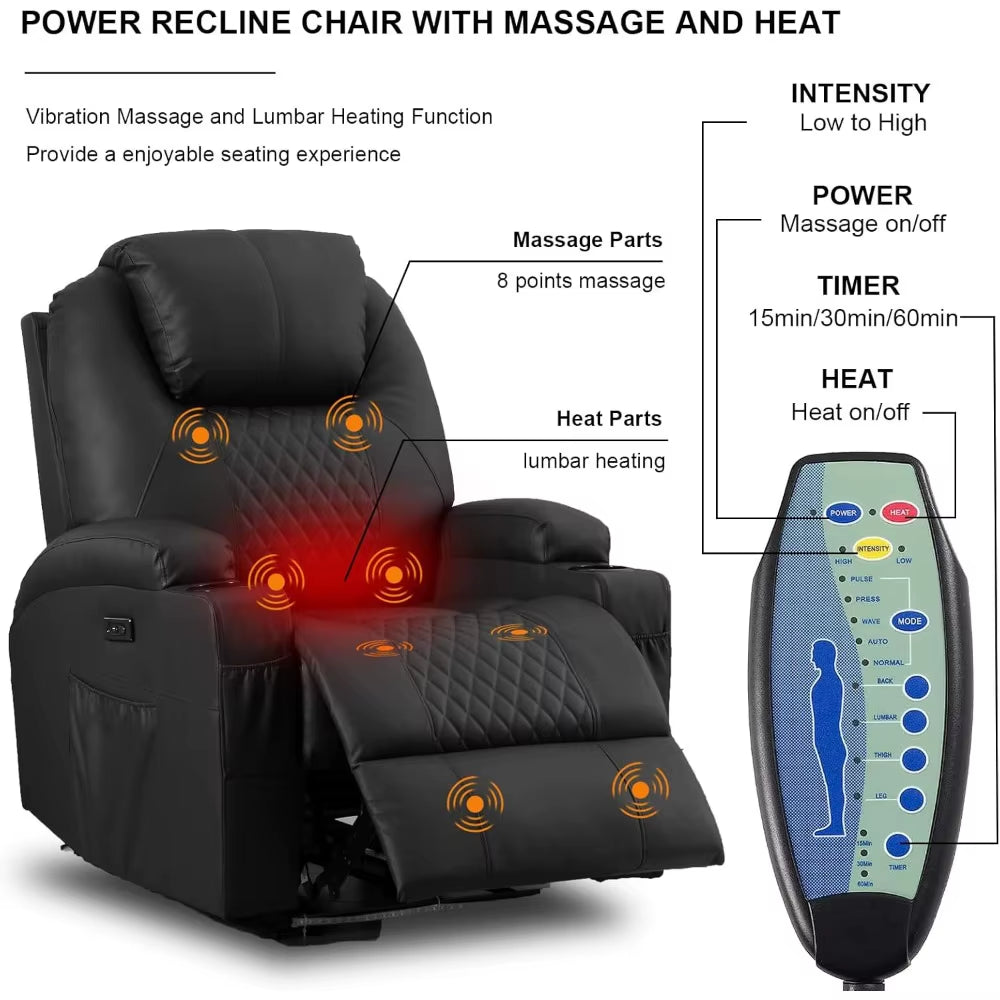 Power Recliner Chair, Home Theater Seating with LED Ambient Lighting, PU Leather Lazy Sofa Heat Massage Chair with ,Customized