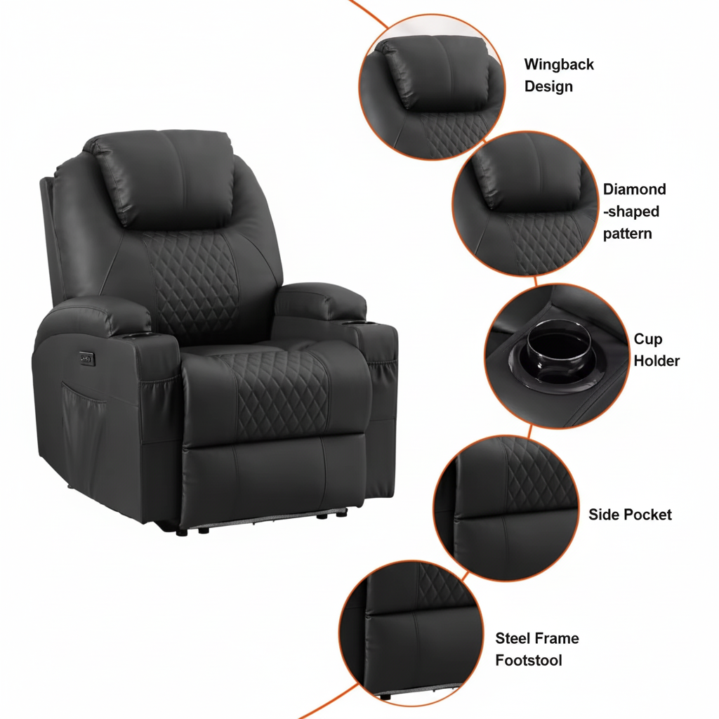 Power Recliner Chair, Home Theater Seating with LED Ambient Lighting, PU Leather Lazy Sofa Heat Massage Chair with ,Customized