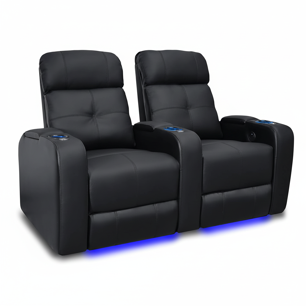 Valencia Verona Home Theater Seating | Premium Top Grain Italian 9000 Leather, Power Recliner, LED Lighting (Row of 2, Black)