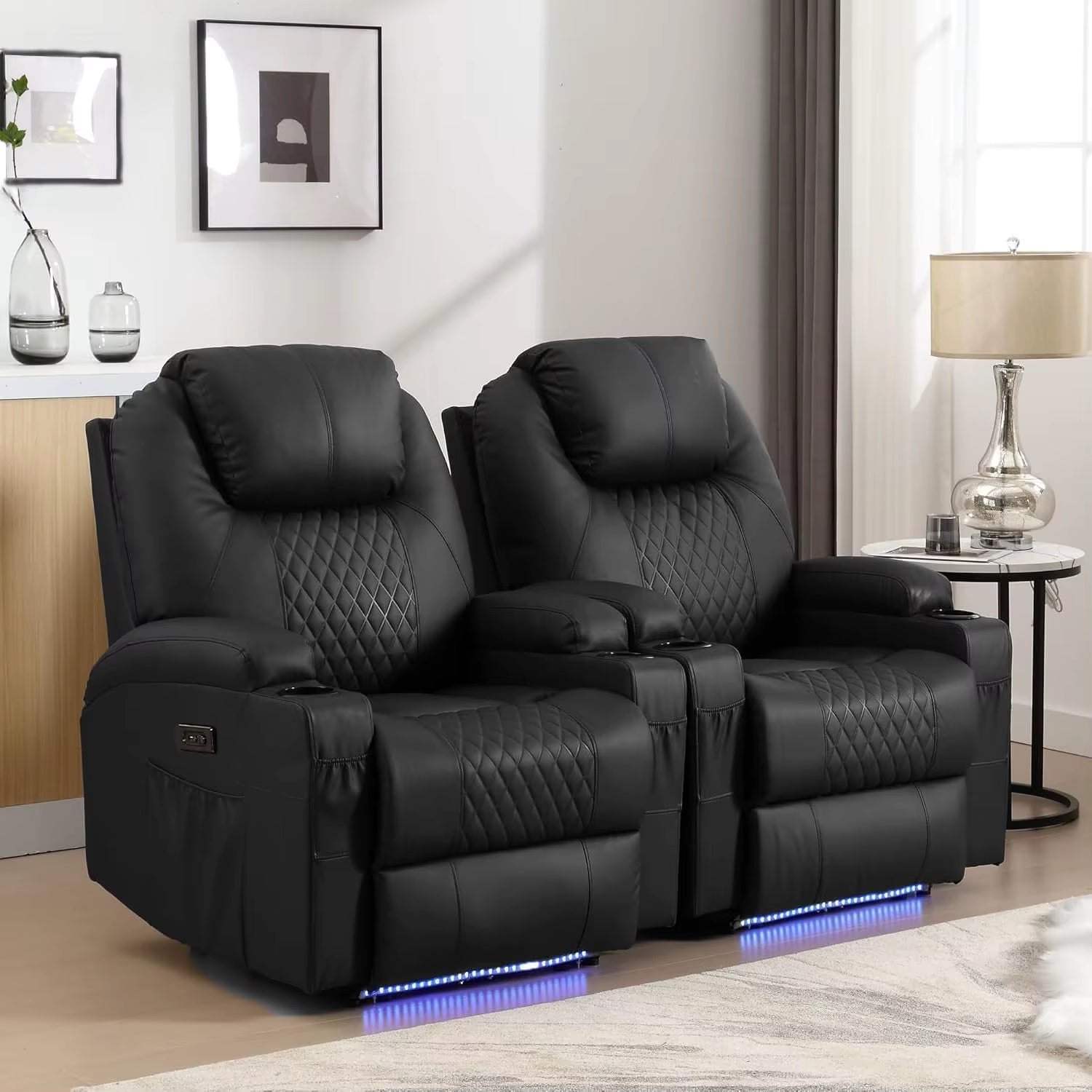 Power Recliner Chair, Home Theater Seating with LED Ambient Lighting, PU Leather Lazy Sofa Heat Massage Chair with ,Customized